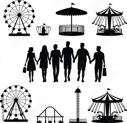 Silhouette amusement park icons with ferris wheel carousel rides and happy family walking together, theme park entertainment concept illustration isolated on white background
