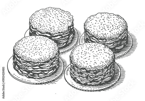 Four Stacked Cakes with Sprinkled Tops on Plates, Vintage Illustration