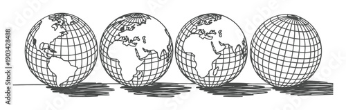 Four Globe Illustrations in a Row with Shadows