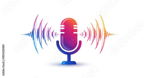 Vibrant gradient microphone with colorful sound waves illustrating audio recording and podcasting
