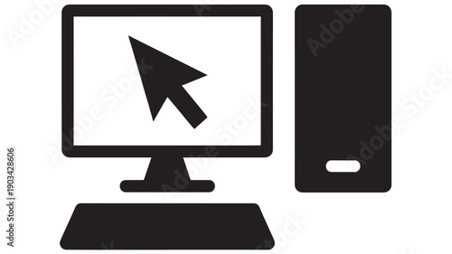 Computer desktop icon with monitor, mouse cursor arrow on screen and tower PC case silhouette, minimal flat black glyph symbol for technology, UI and web design