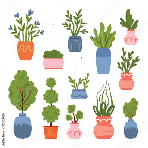 Set of different potted plants and trees. Decorative plants and flowers, garden landscape, indoor and outdoor potted plants cartoon vector illustration