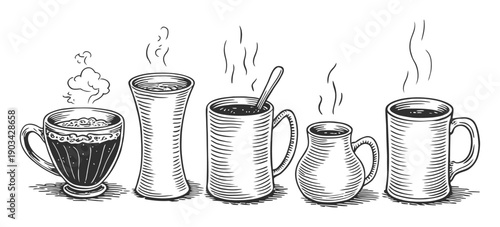 Hand-Drawn of Five Steaming Mugs of Coffee or Hot Beverage