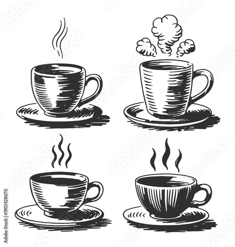 Hand-Drawn of Four Steaming Coffee Cups on Saucers