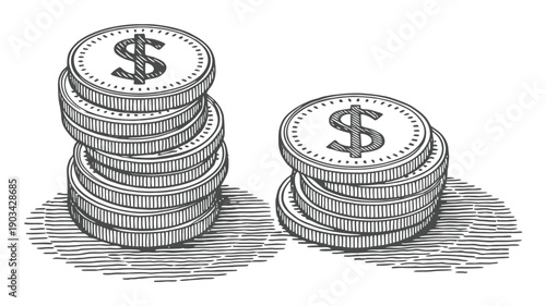 Hand-Drawn Stacks of Dollar Coins Illustrating Wealth and Finance