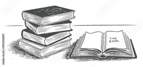 Stack of Books and an Open Book with "The End" Written on the Page