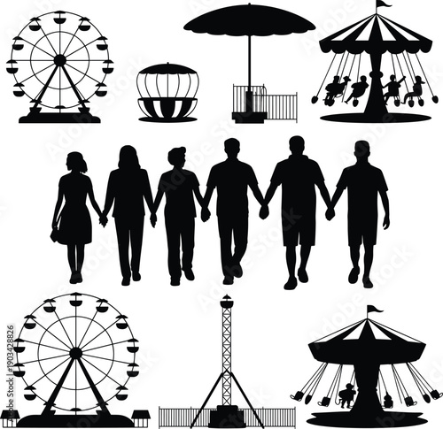 Silhouette family holding hands with amusement park rides icons set, ferris wheel carousel swing ride, leisure entertainment concept illustration isolated on white background