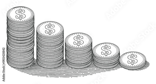 Stacked Dollar Coins Decreasing in Height, Representing Financial Decline