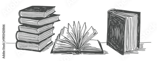 Stacked, Open, and Closed Books in a Sketchy, Vintage Style