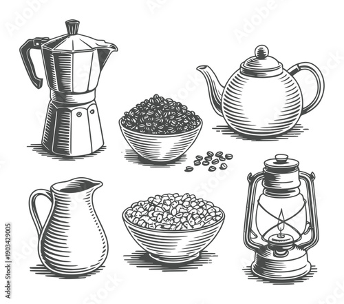 Vintage Coffee and Kitchenware Illustrations: Moka Pot, Teapot, Pitcher, Beans, and Lantern