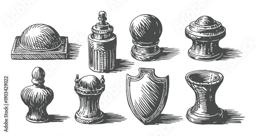 Vintage Engraved Objects: A Collection of Ornate Decorative Elements