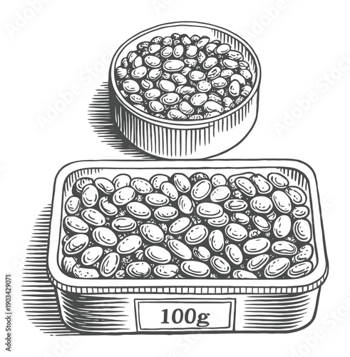 Vintage Illustration of 100g of Beans in a Container and Bowl