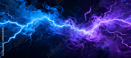 Vector illustration of an abstract movement of plasma discharges with bright blue and purple hues, simulating an electrical storm.
