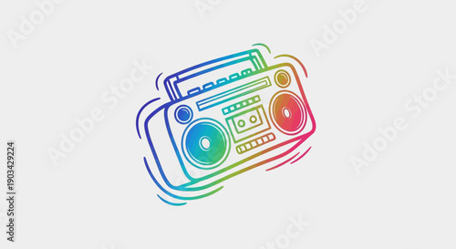 Vibrant retro boombox doodle illustration with rainbow gradient colors evoking musical energy and