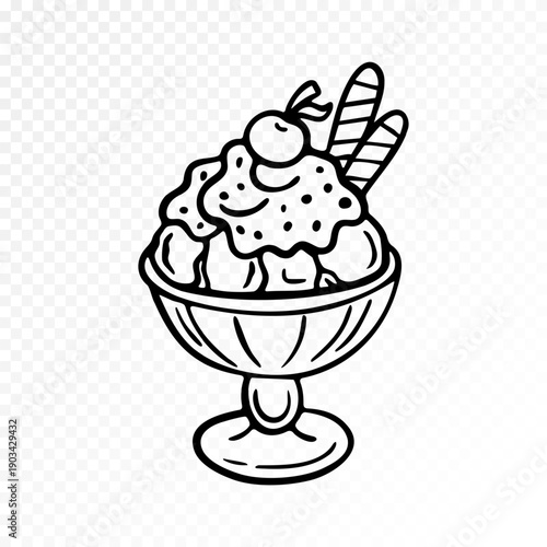 Hand drawn ice cream sundae with scoops and wafer sticks, sweet valentines dessert illustration, playful romantic treat in clean black line art isolated on transparent background. Vector illustration