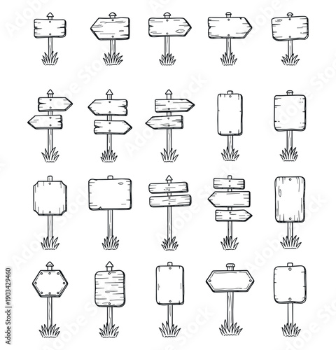 Wooden signpost icons set, direction arrow boards and wayfinding signs vector illustration on transparent background