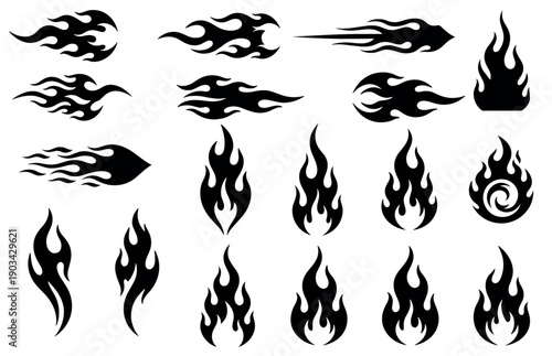 Flame fire vector icons, heat and burning warning symbols, black solid illustration on transparent background