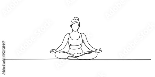 A simple black and white line drawing of a woman sitting in a meditative yoga pose Vector, illustration