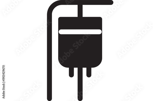 IV drip bag icon with hanging infusion container and tubing, minimal black silhouette medical symbol for hospital therapy, blood transfusion, saline, healthcare signage