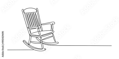 Single line drawing of a comfortable antique rocking chair with a slatted backrest. Vector, illustration