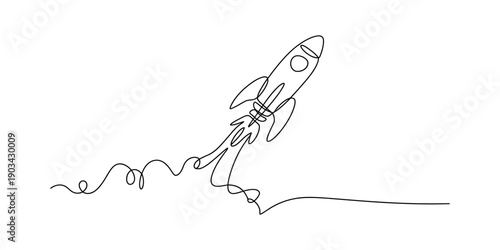 Continuous line drawing of a rocket ship launching into space on a white background. Vector, illustration