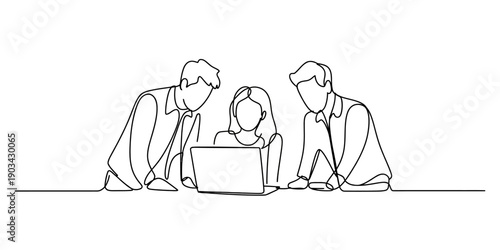 Continuous line drawing of a team of three colleagues working together on a laptop in an office. Vector, illustration