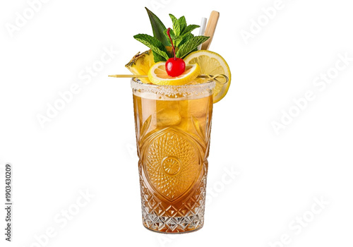 Refreshing tropical Mai Tai drink in a detailed vector illustration on transparent background. rum-based Mai Tai cocktail, hand-drawn vector sketch, perfect for bar menus & summer party invitation 