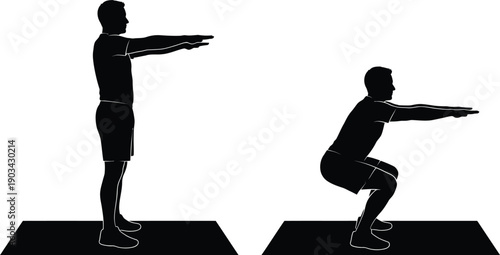 Middle Aged Man Doing Squats Silhouette Vector – Home Workout Fitness Exercise