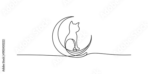 Minimalist continuous line drawing of a cat sitting on a crescent moon against a white background Vector, illustration