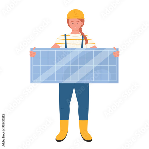 Electrician woman with solar panel. Electrician repair service, industrial worker flat vector illustration