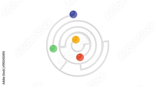 A circular maze with four distinct colored balls scattered throughout its design.