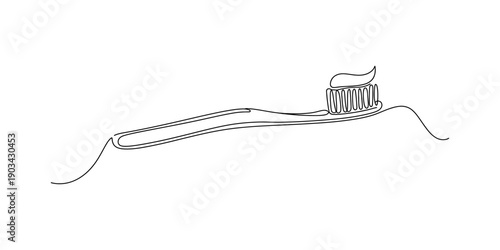 Simple line drawing of a toothbrush with a dollop of toothpaste on the bristles. Vector, illustration