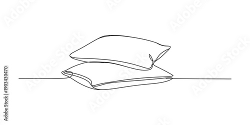 Simple black and white line drawing of two soft pillows stacked on top of each other on a surface. Vector, illustration