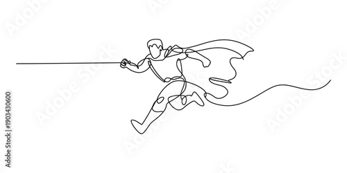 Continuous line drawing of a powerful superhero character running forward with a cape. Vector, illustration