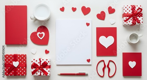 Valentine’s Day Stationery Flat Lay with Heart Shapes Isolated