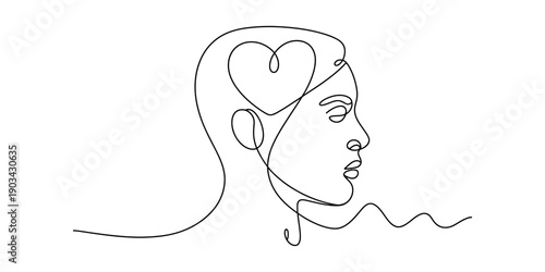 Minimalist one line art of a face profile with a heart representing emotional intelligence. Vector, illustration