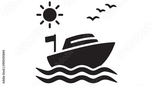 Boat cruise icon with sea waves, sun and flying birds, minimal black silhouette pictogram for travel, tourism, maritime transport, summer vacation symbol