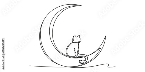 Continuous line drawing of a cat sitting on a crescent moon in a minimalist art style Vector, illustration