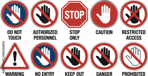 Stop Hand Prohibition Outline Icon Set Safety Warnings and Restricted Access Symbols
