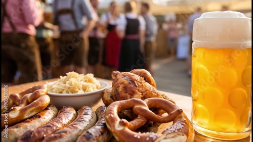 Traditional German Oktoberfest meal with a large mug of beer, grilled sausages, pretzels, and sauerkraut at an outdoor festival.
