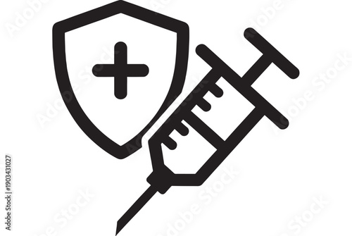 Syringe vaccine icon with medical shield and cross symbol, black silhouette healthcare protection pictogram for immunization, injection safety, clinic and pharmacy signage