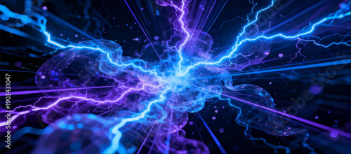 Vector illustration of an abstract movement of plasma discharges with bright blue and purple hues, simulating an electrical storm.