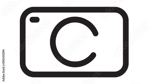Camera icon with minimalist outline, simple black line symbol for photo capture, snapshot button, app interface, web design, UI/UX elements, isolated on white background