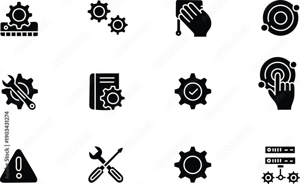 Obraz premium Collection of black settings and gear icons representing system configuration, maintenance, technology process and technical support concepts