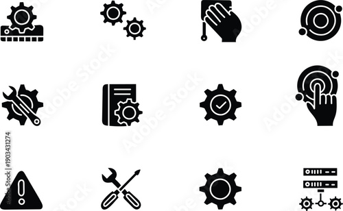 Collection of black settings and gear icons representing system configuration, maintenance, technology process and technical support concepts
