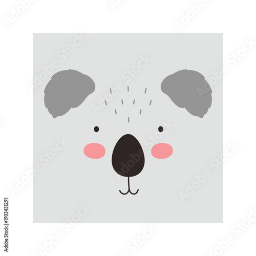 Simple koala portrait. Cute animal head portrait, koala bear face flat illustration