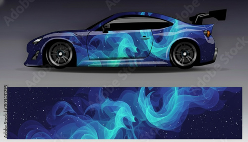 A blue sports car with a custom vinyl wrap featuring abstract blue and teal flame patterns and a starry background.