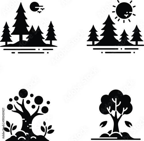 A professional vector illustration showing people planting young tree saplings in a forest clearing to promote reforestation and environmental conservation efforts.