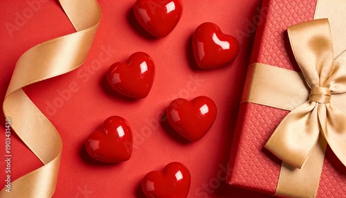 Valentine’s Day Flat Lay with Red Hearts and Gift Box Copy Space
