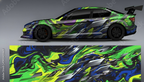 Dynamic abstract car wrap design with vibrant green, blue, and yellow colors, showcasing a modern vehicle customization.
